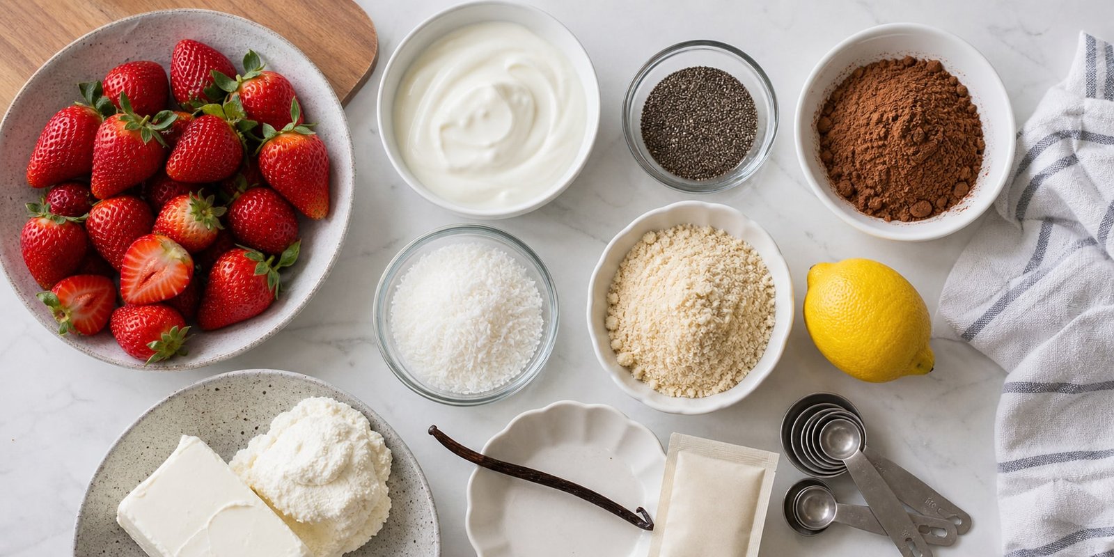 Ingredientes para sobremesas low carb com morango, com morangos frescos, iogurte natural, chia, cacau, coco, farinha de amêndoas, limão e baunilha.