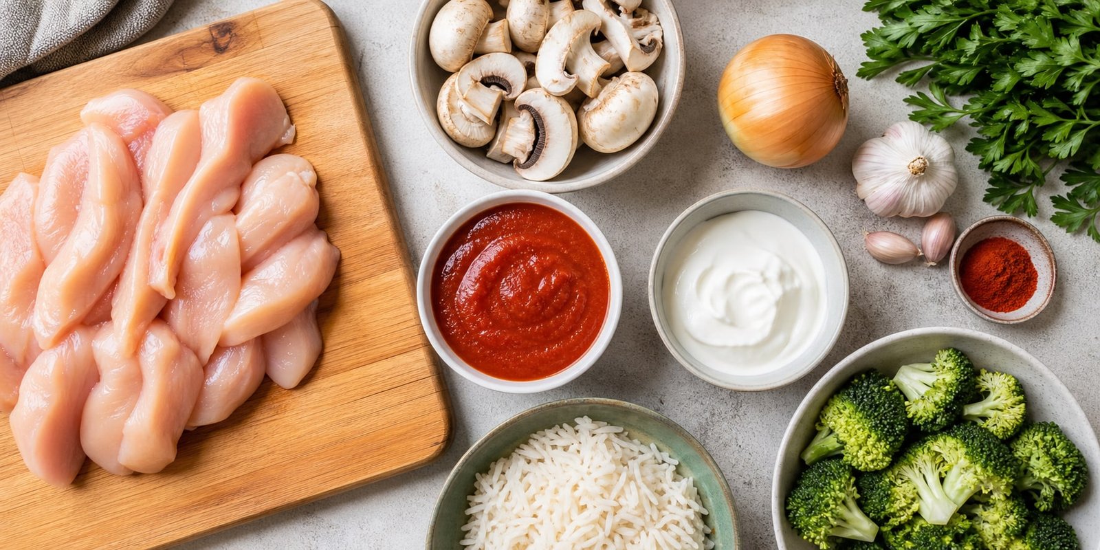 Ingredientes do strogonoff de frango para marmita com frango, cogumelos, molho de tomate, iogurte, arroz e brócolis
