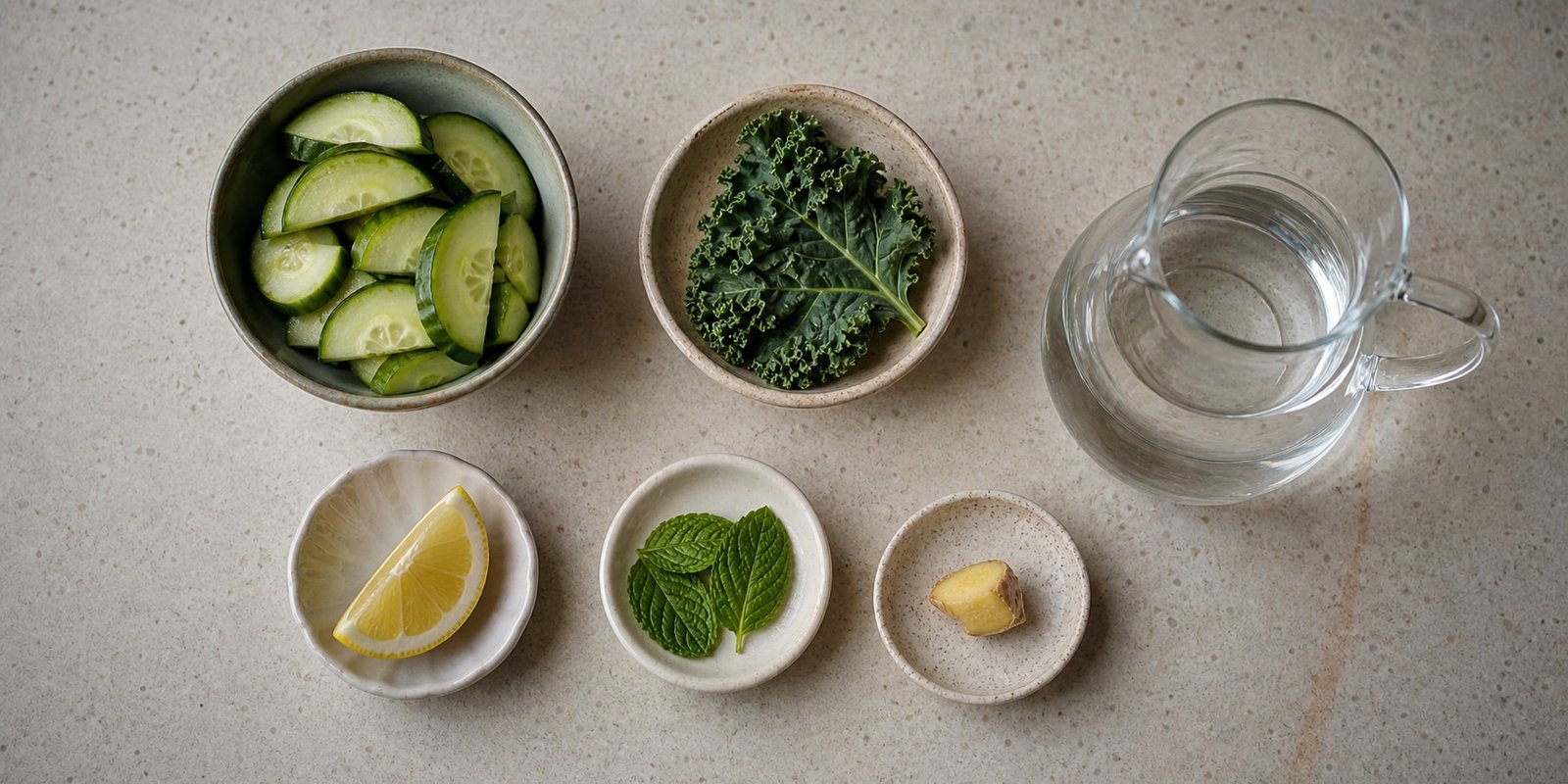 Ingredientes medidos do suco verde low carb: pepino, couve, limão, hortelã, gengibre e água.