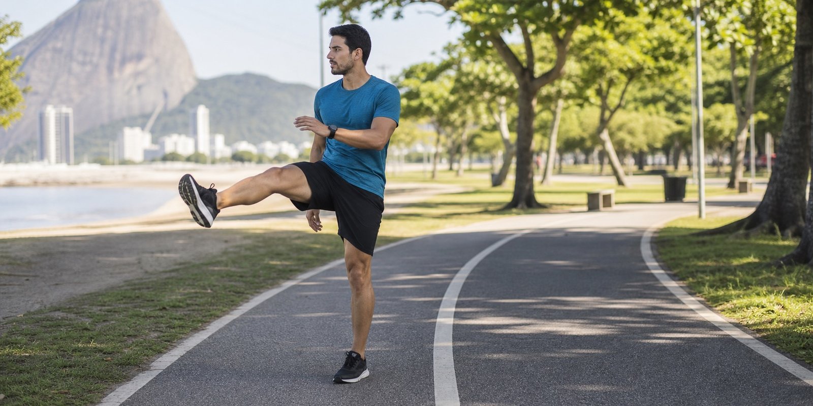 Corredor fazendo movimento dinâmico de aquecimento em uma pista de parque antes de iniciar o treino de corrida.