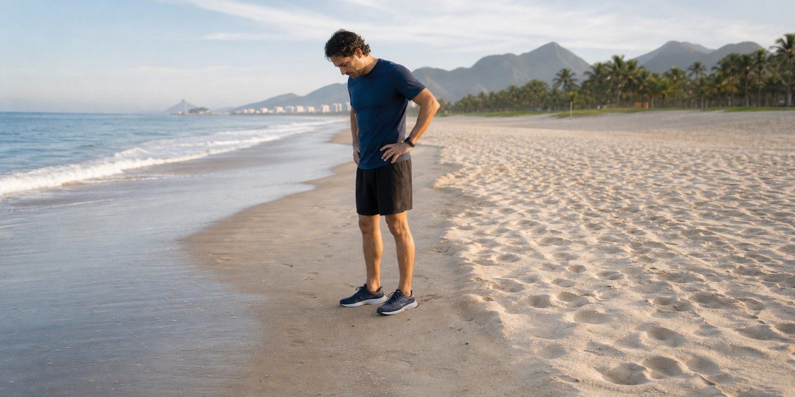 Pessoa observa a transição entre areia firme molhada e areia fofa antes do treino de cardio na praia.