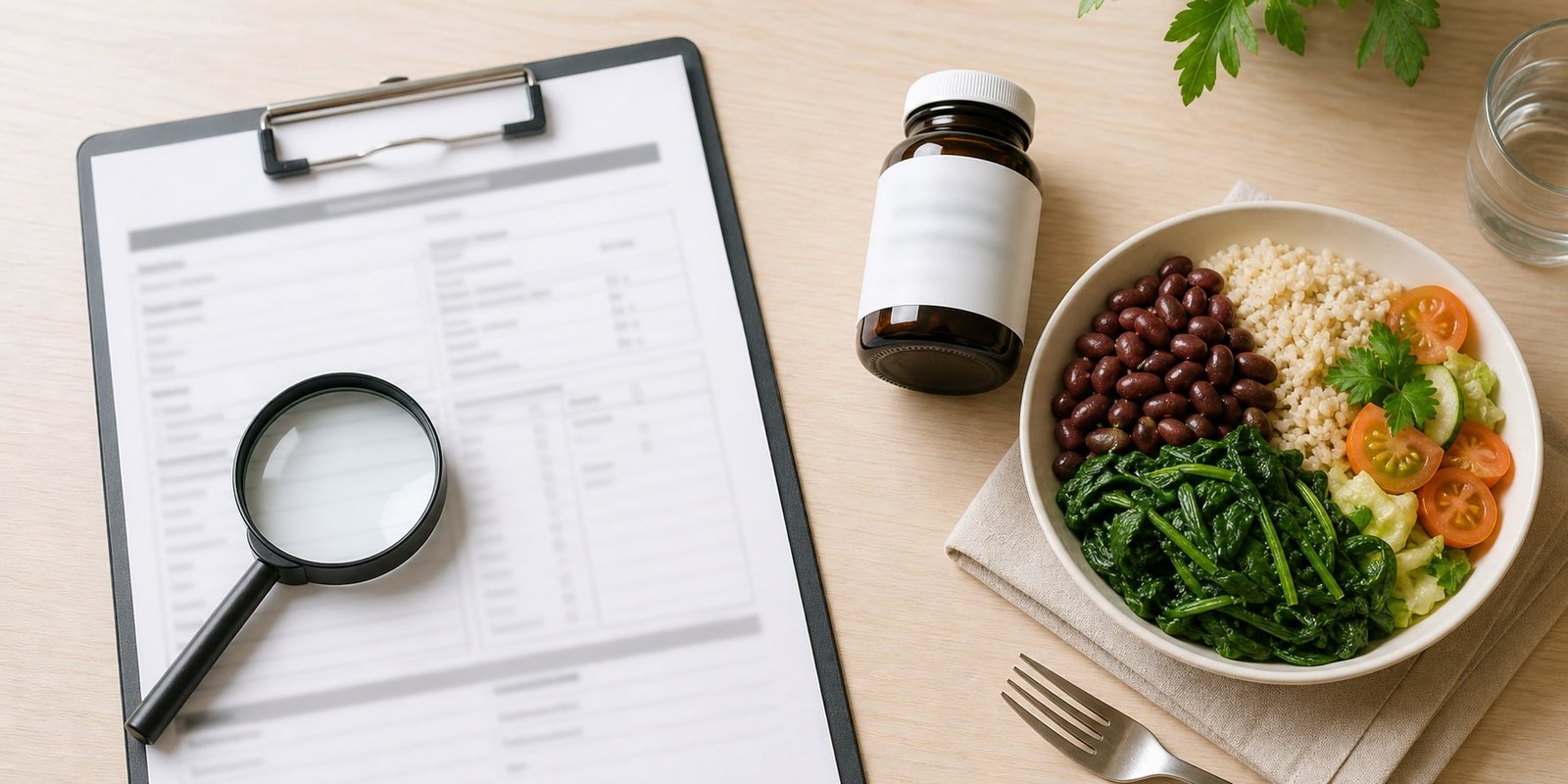 Prancheta com exames, lupa, frasco de suplemento e refeição com alimentos fonte de ferro.