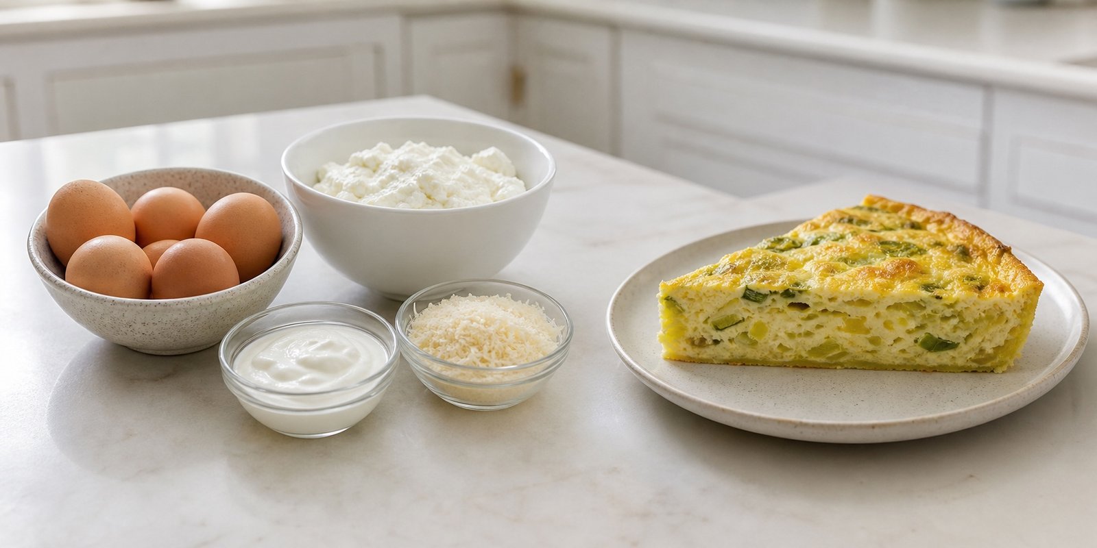 Ovos, ricota, iogurte e parmesão ao lado de uma fatia firme de quiche low carb de alho-poró.