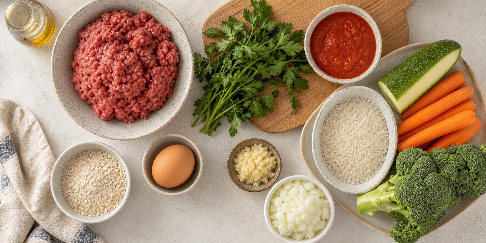 Ingredientes para marmita de almôndegas de patinho com aveia, ovo, molho de tomate, legumes e arroz.