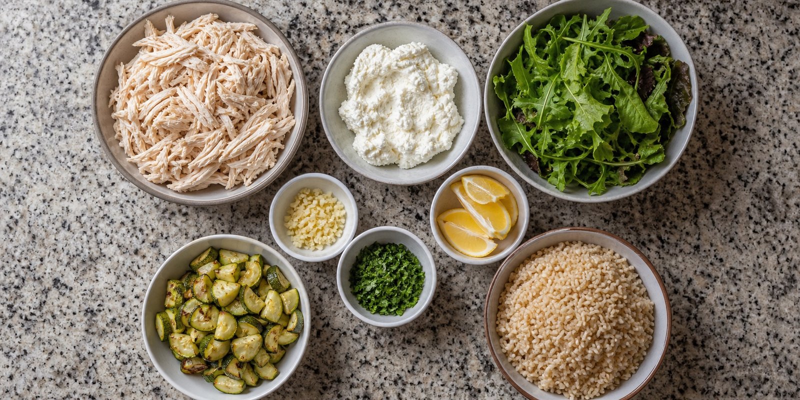Frango desfiado, ricota, arroz integral, abobrinha, folhas, limão, alho e ervas para a marmita.