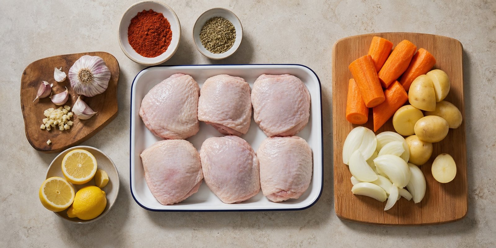 Sobrecoxas cruas separadas com alho, limão, ervas, cebola e legumes para o preparo.