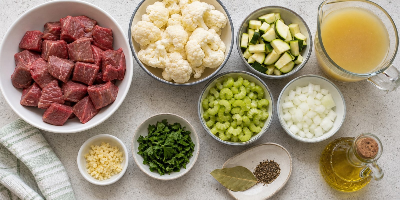 Ingredientes organizados para sopa cetogênica de carne: cubos de carne, couve-flor, abobrinha, salsão, cebola, alho e ervas.