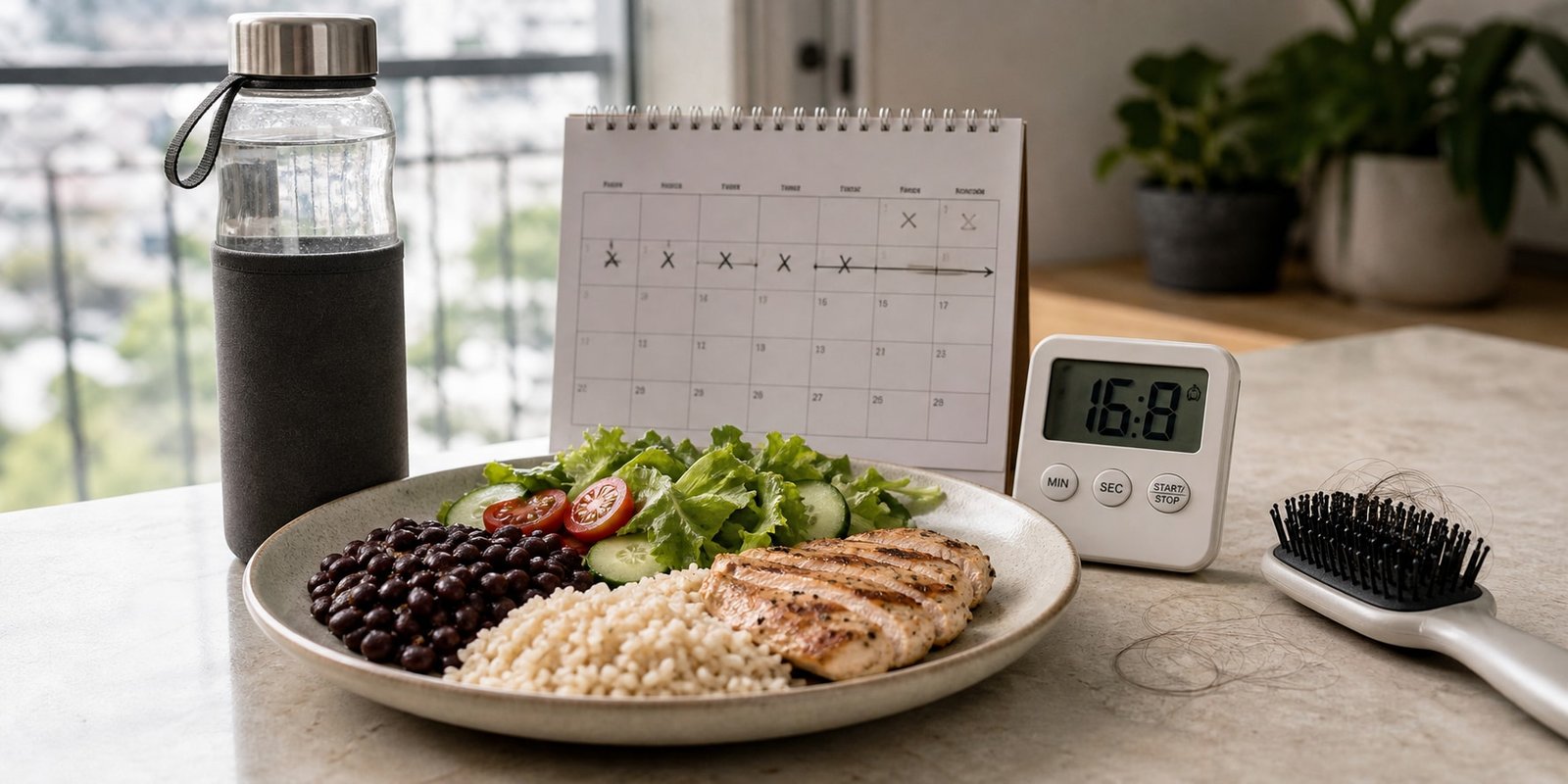 Jejum e queda de cabelo com prato equilibrado, calendário e escova em uma cozinha clara.