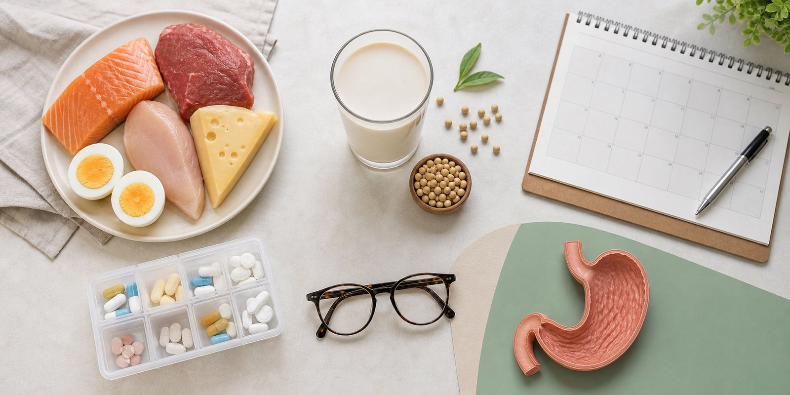 Alimentos, bebida vegetal, calendário, organizador de medicamentos, óculos e modelo de estômago representam riscos de vitamina B12.