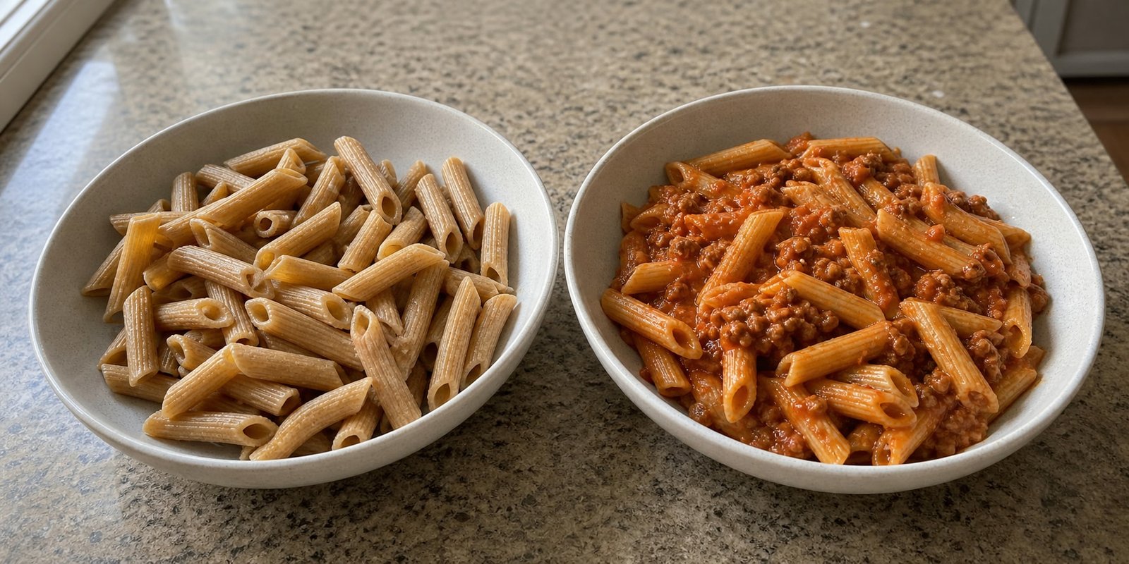 Comparação entre macarrão integral seco e macarrão protegido por molho de carne úmido.