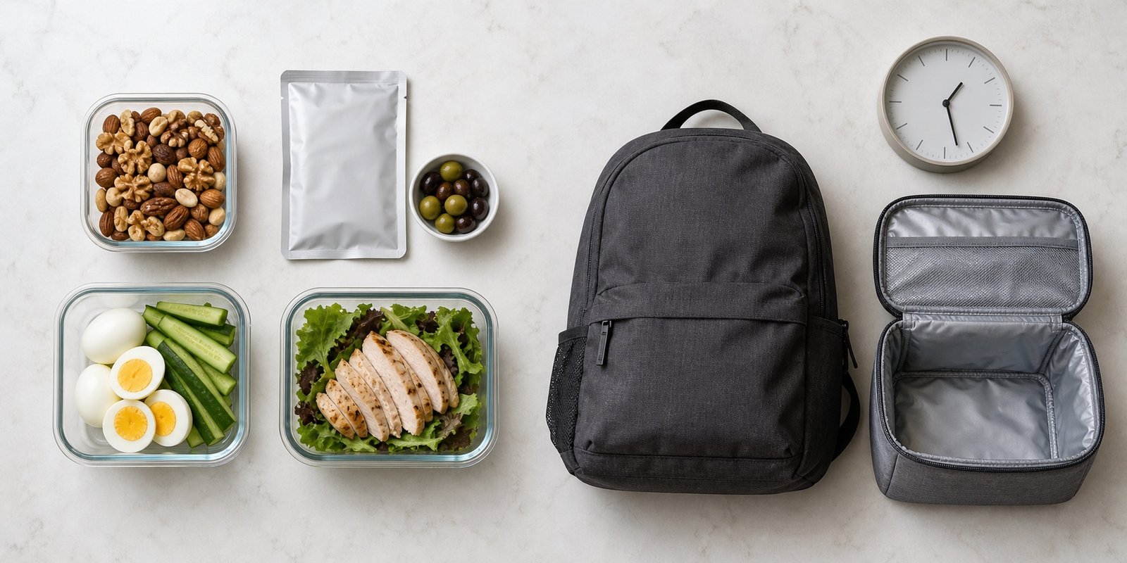 Potes secos e refrigerados ao lado de mochila, bolsa térmica e relógio representam quatro cenários de transporte.