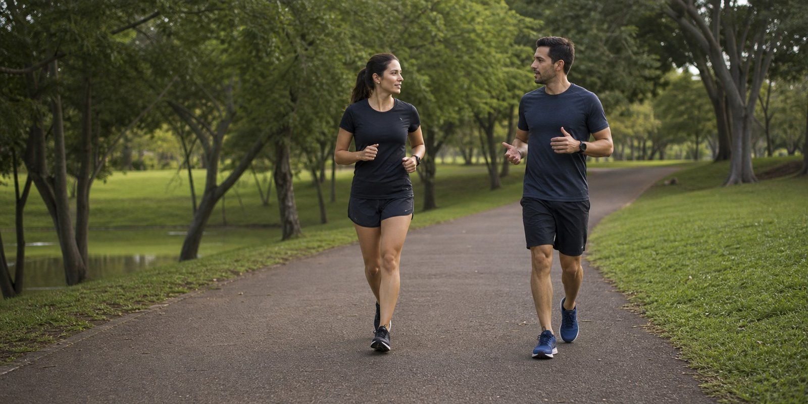 Dois corredores conversam em ritmo confortável para avaliar fala, esforço e frequência cardíaca.