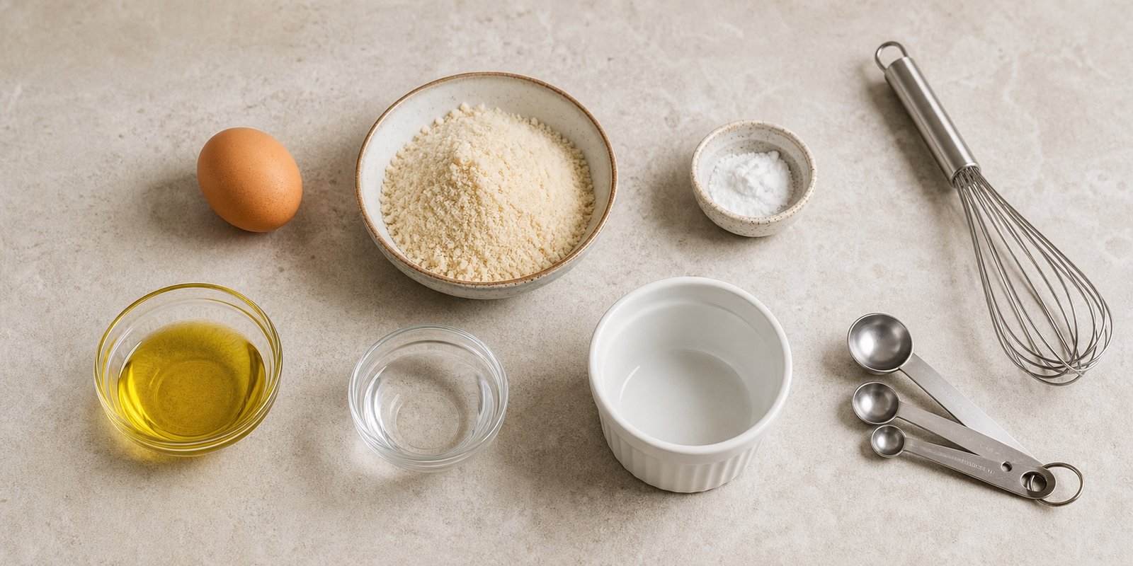 Ovo, farinha de amêndoas, fermento, azeite, água e ramequim para pão cetogênico de micro-ondas.
