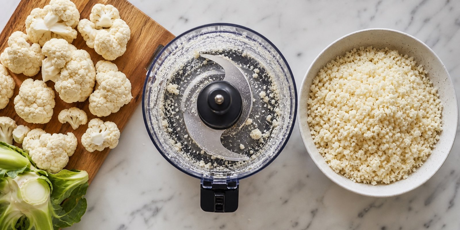 Floretes secos e grãos uniformes mostram o corte ideal do arroz de couve flor low carb.