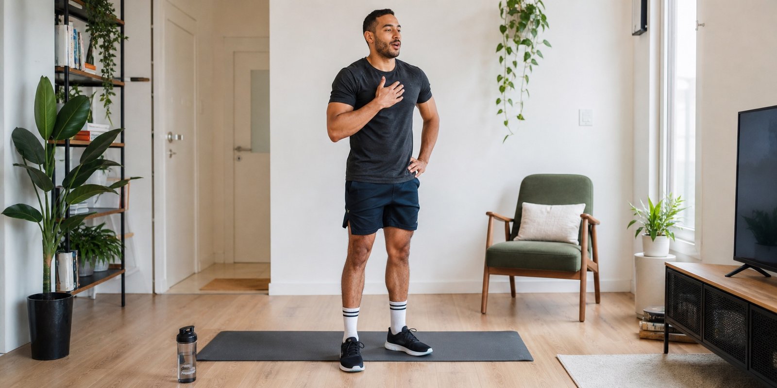 Pessoa avaliando a respiração durante cardio em casa de 20 minutos.