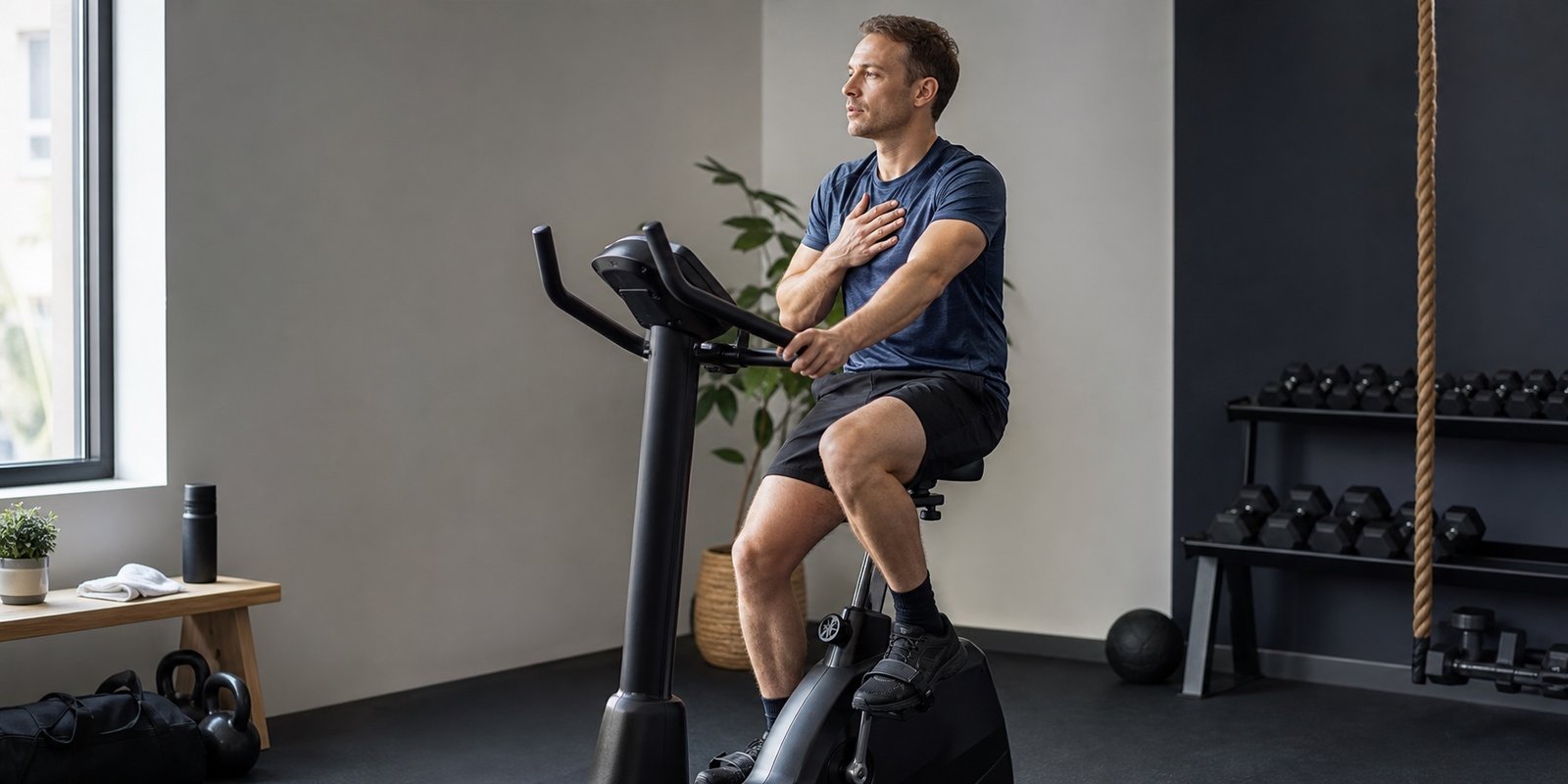 Pessoa em bicicleta ergométrica usando o teste da fala para diferenciar esforço físico de sinais de ansiedade.