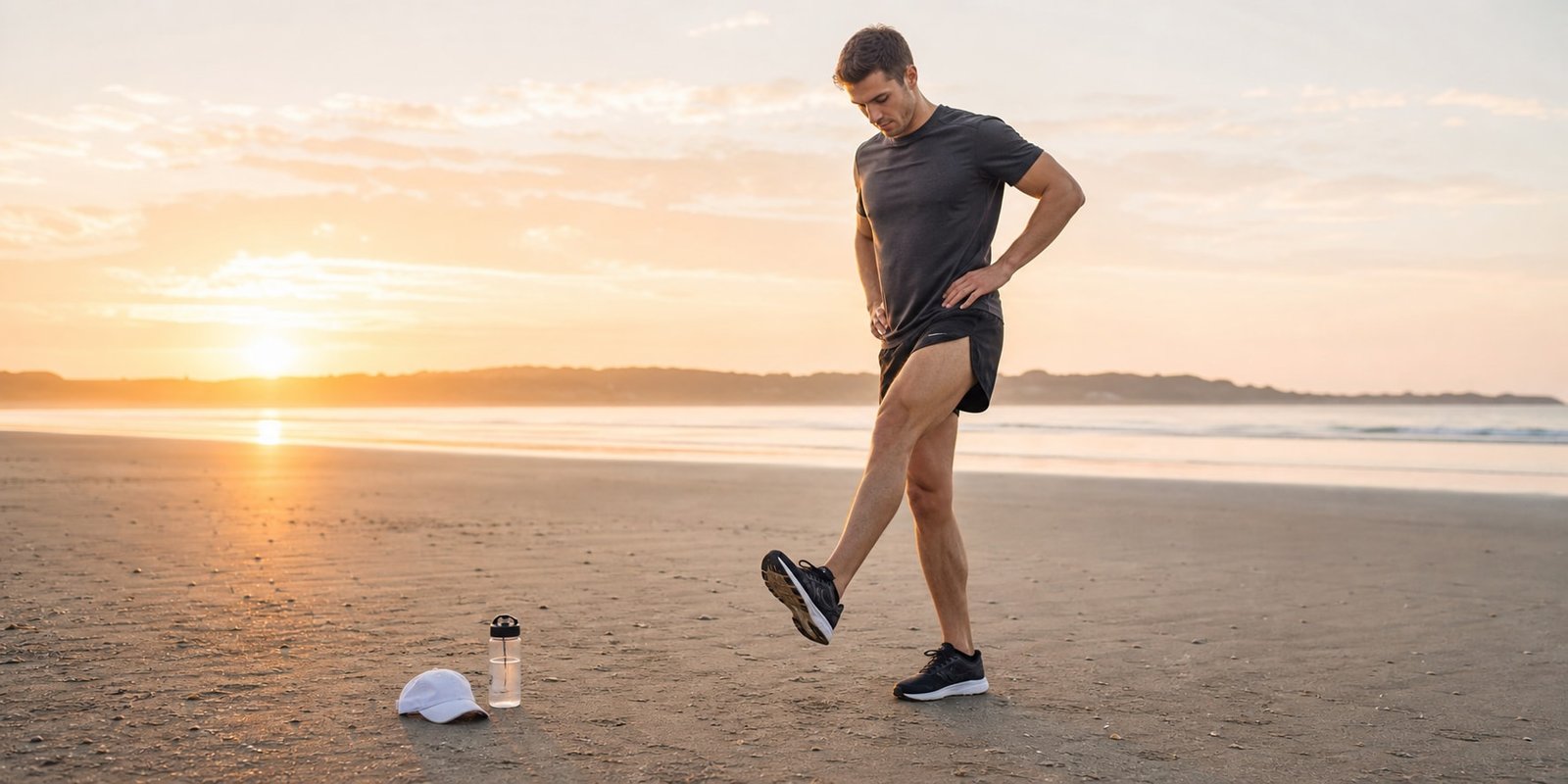 Corredor aquece tornozelos e panturrilhas na areia firme antes do cardio na praia.