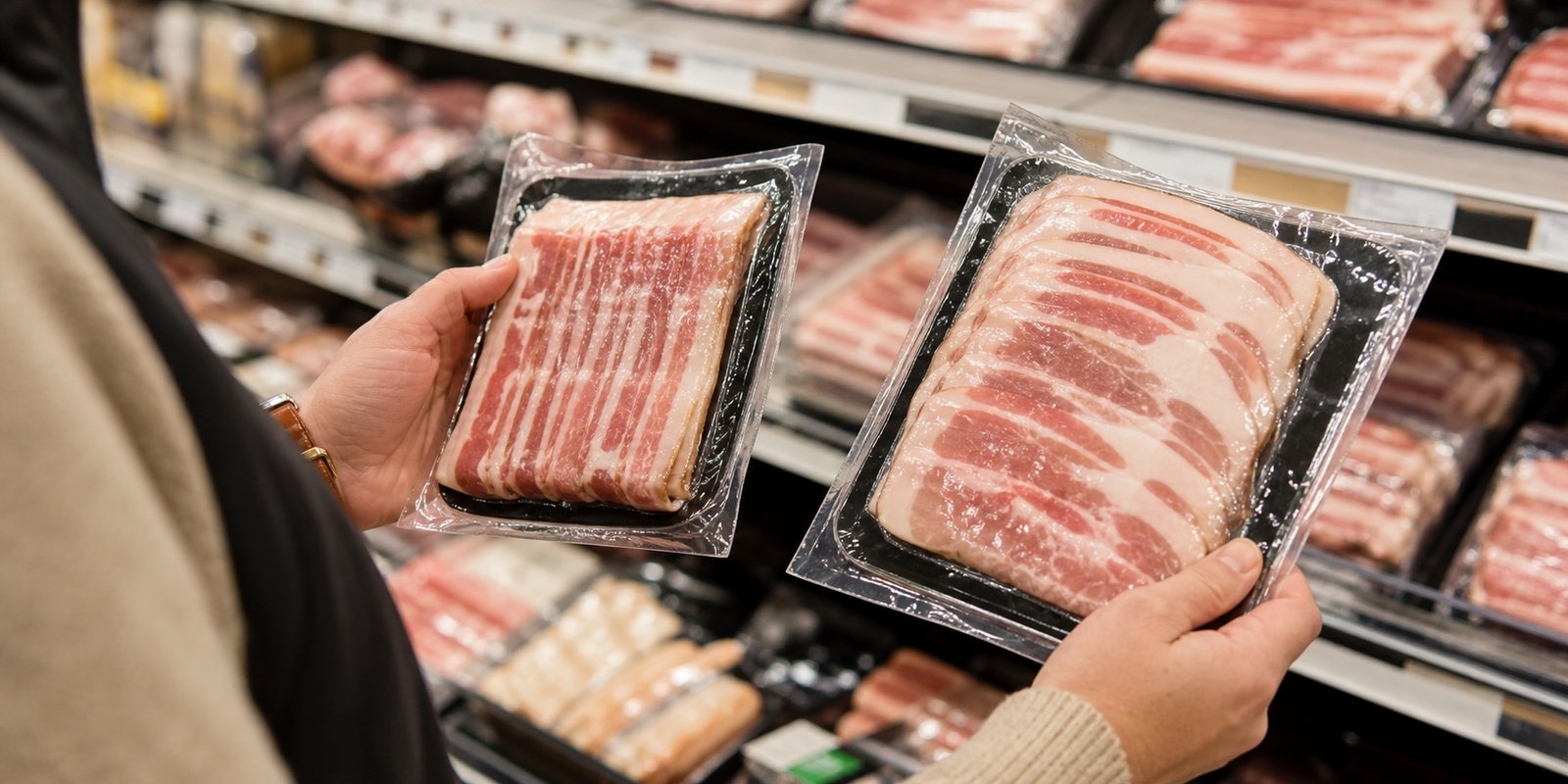 Pessoa compara duas embalagens genéricas de bacon antes de escolher porção, sódio e gordura saturada.