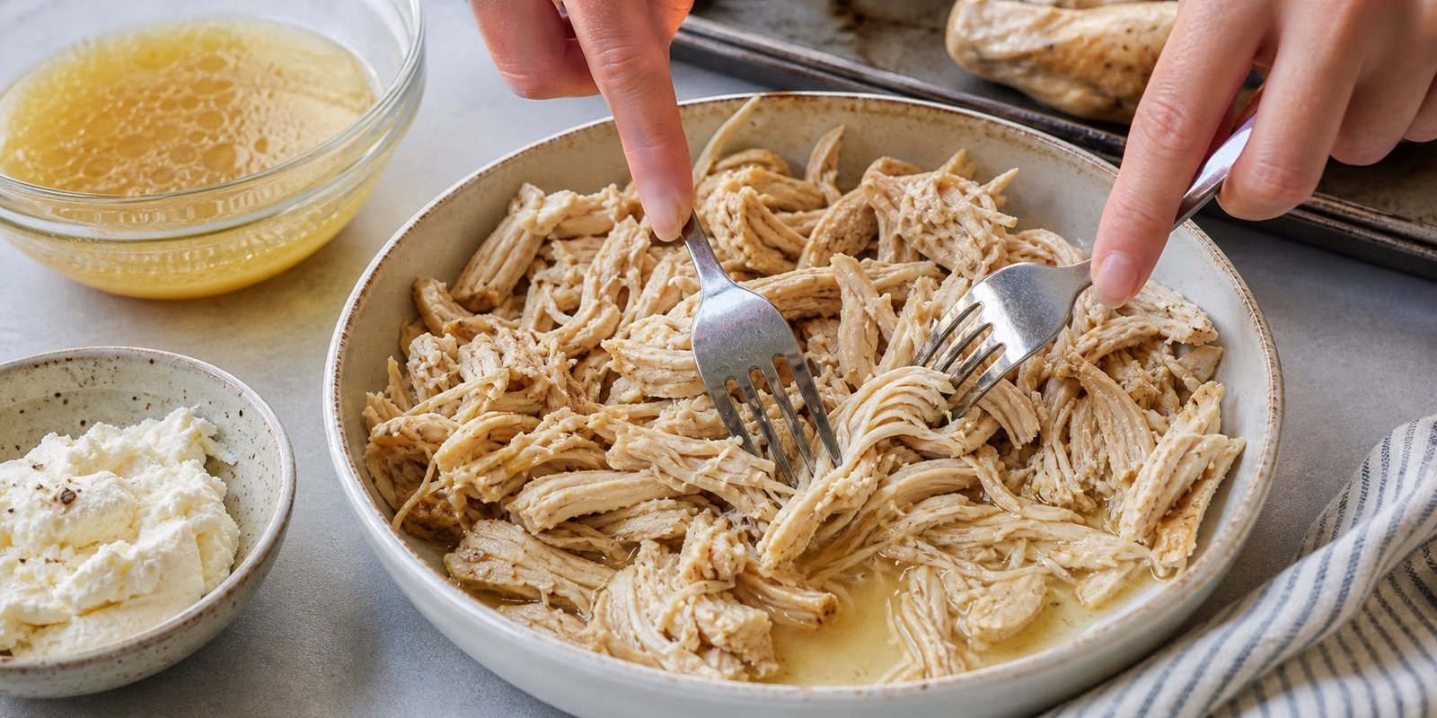 Frango cozido sendo desfiado com dois garfos ao lado do caldo reservado e da ricota.