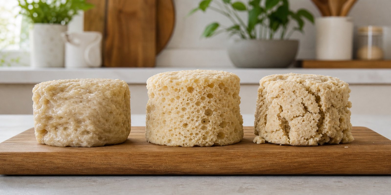 Três pães de micro-ondas mostram miolo úmido demais, equilibrado e seco.