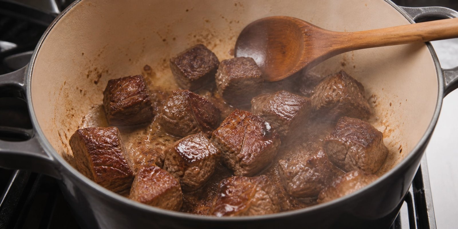 Cubos de carne dourando em panela larga para criar sabor na sopa cetogênica.
