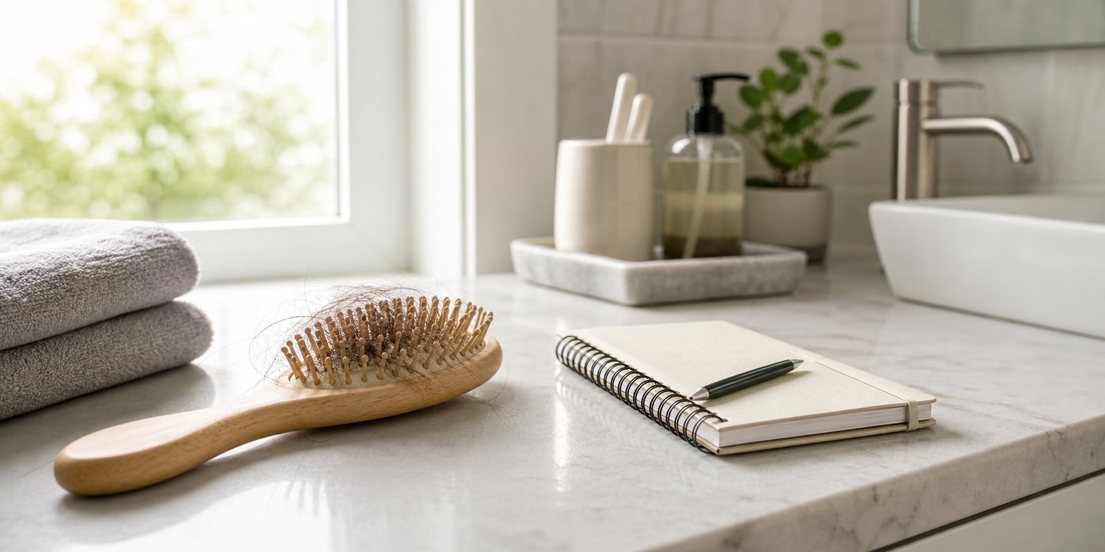 Escova com poucos fios, toalha e caderno para acompanhar sinais de queda difusa de cabelo.