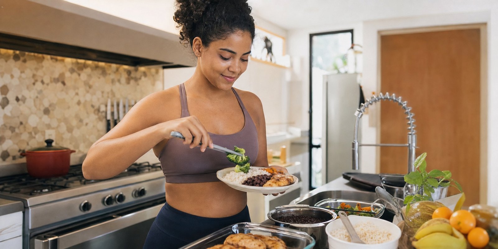 Mulher após o treino montando prato com arroz, feijão, legumes e proteína para recuperar energia.