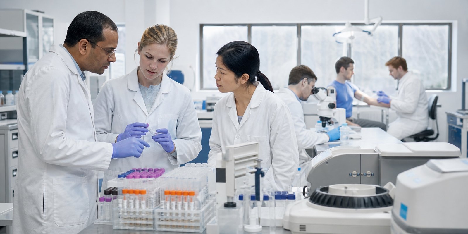 Equipe de pesquisa analisa amostras de sangue e tecido em laboratório de estudos humanos sobre autofagia.