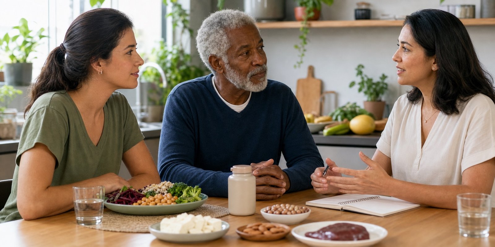 Adultos conversam sobre alimentação vegetal, idade e saúde digestiva durante avaliação de vitamina B12.