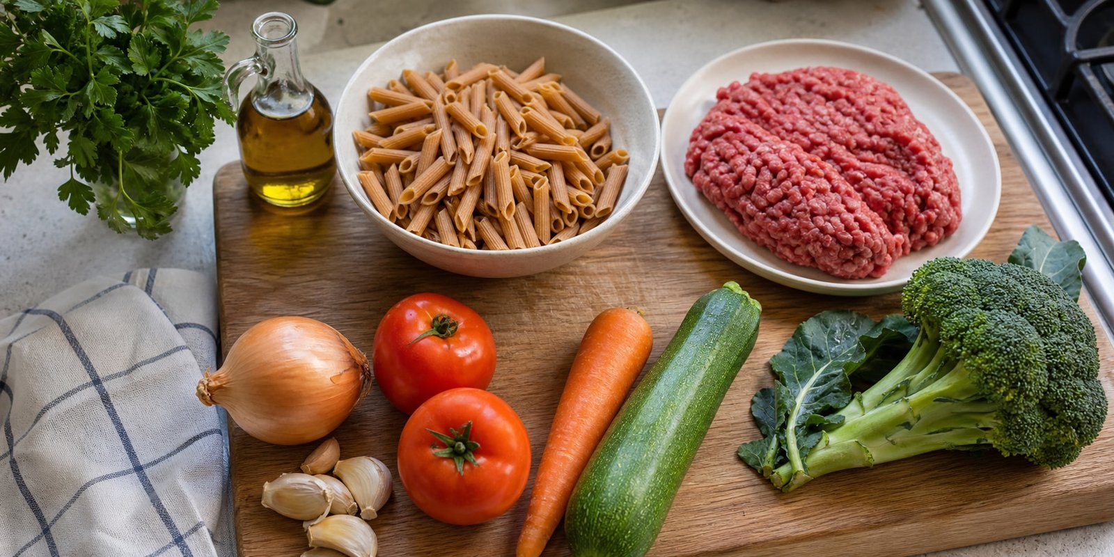 Macarrão integral, carne moída, tomate, cebola, alho, cenoura, abobrinha e brócolis separados.