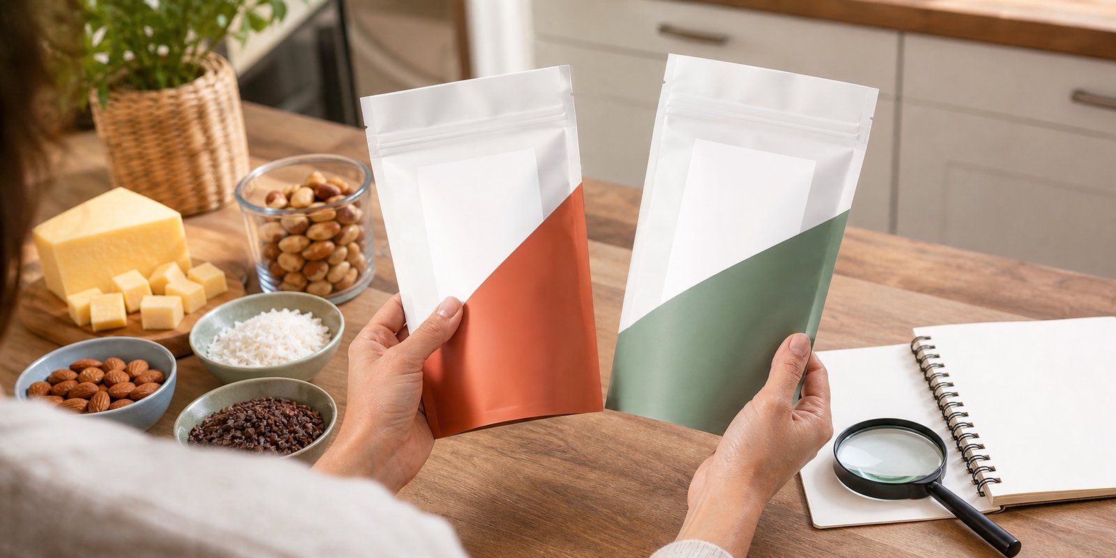 Pessoa compara duas embalagens sem marca antes de escolher um lanche cetogênico.