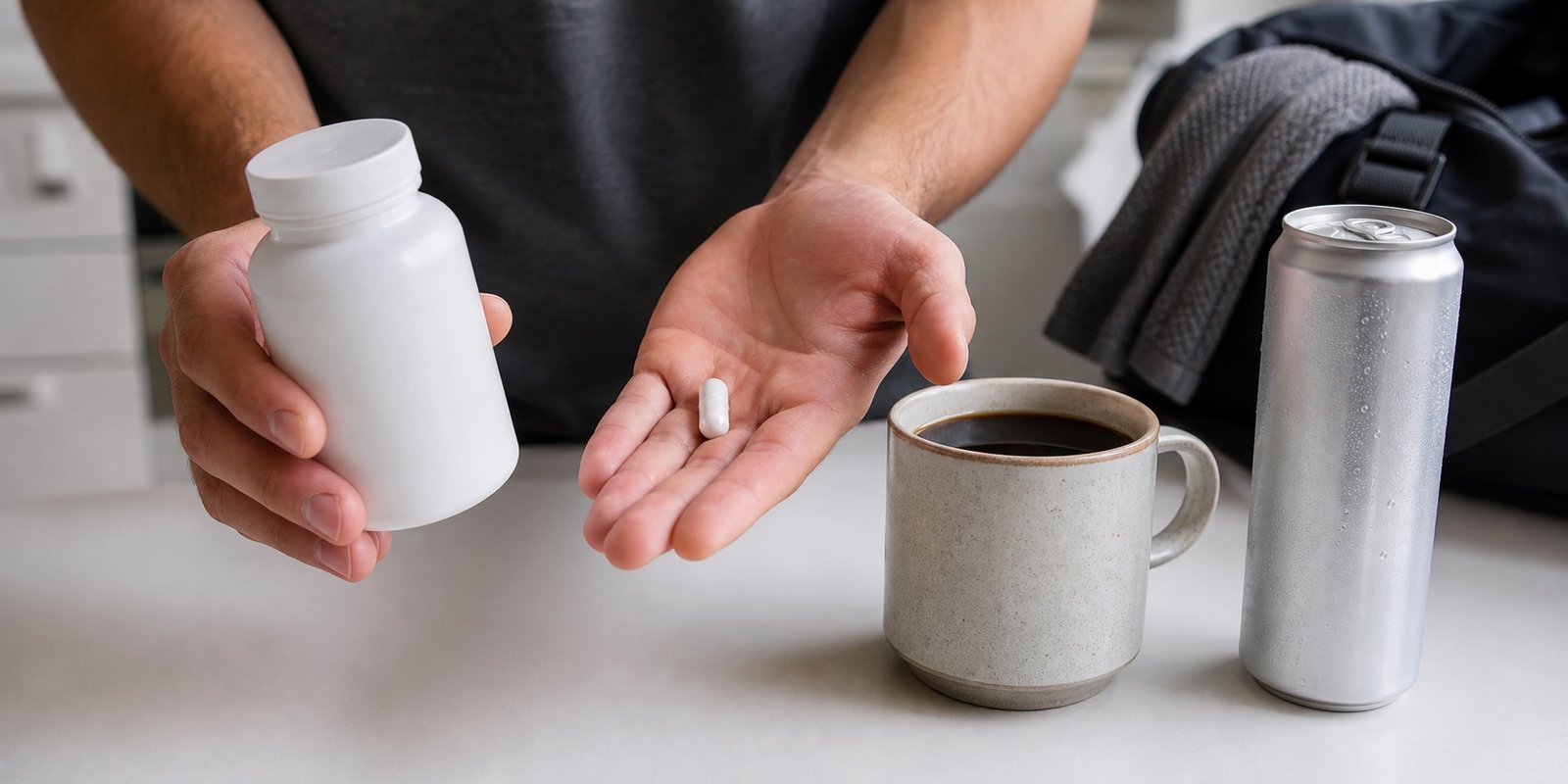 Frasco genérico, cápsula, café e energético representando fontes de cafeína do dia.