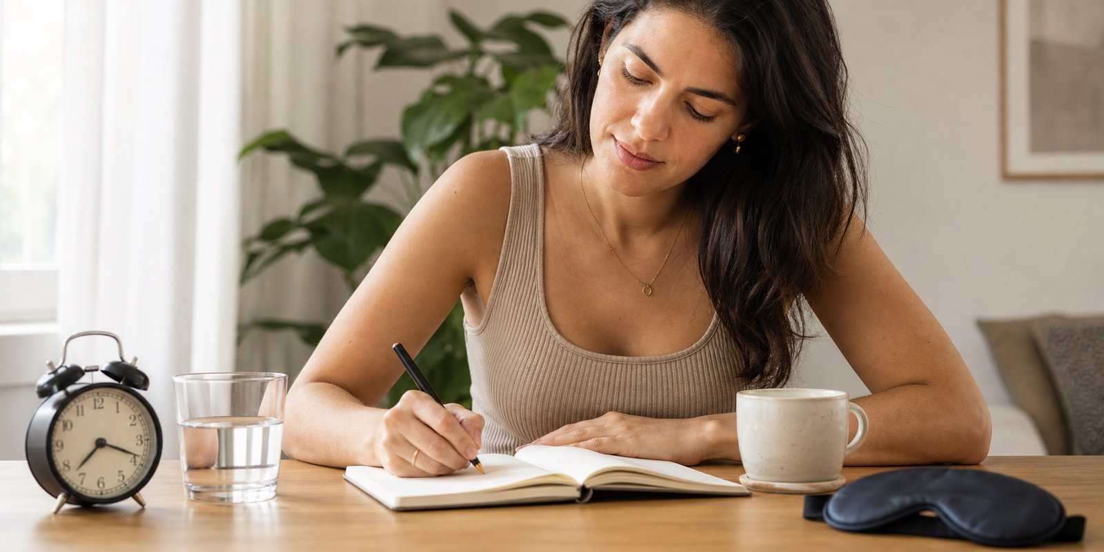 Mulher registra em caderno o horário e o padrão da dor durante o jejum ao lado de água, café e relógio.