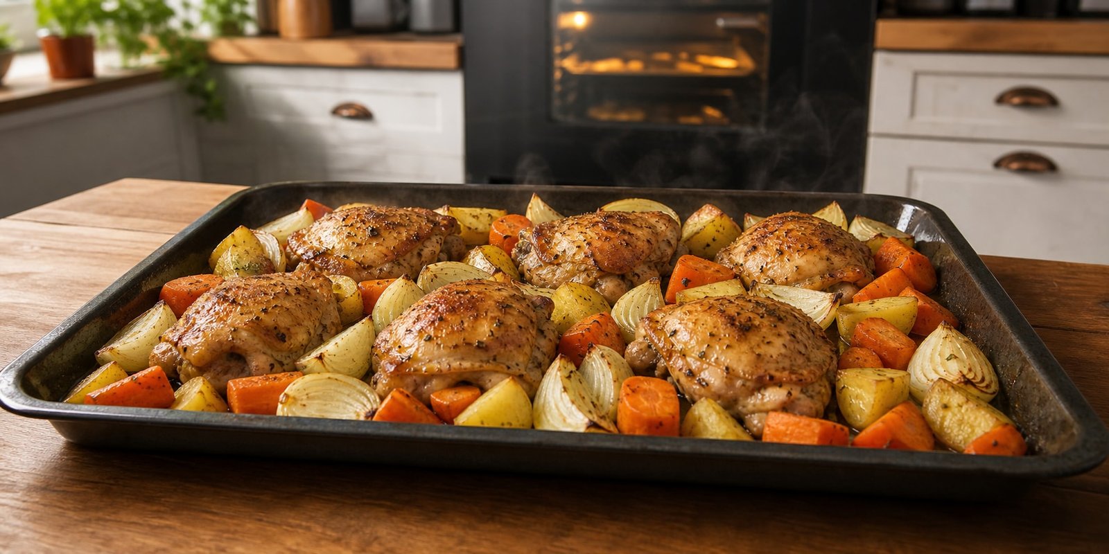Sobrecoxas de frango espaçadas com cebola e legumes em uma única camada na assadeira.