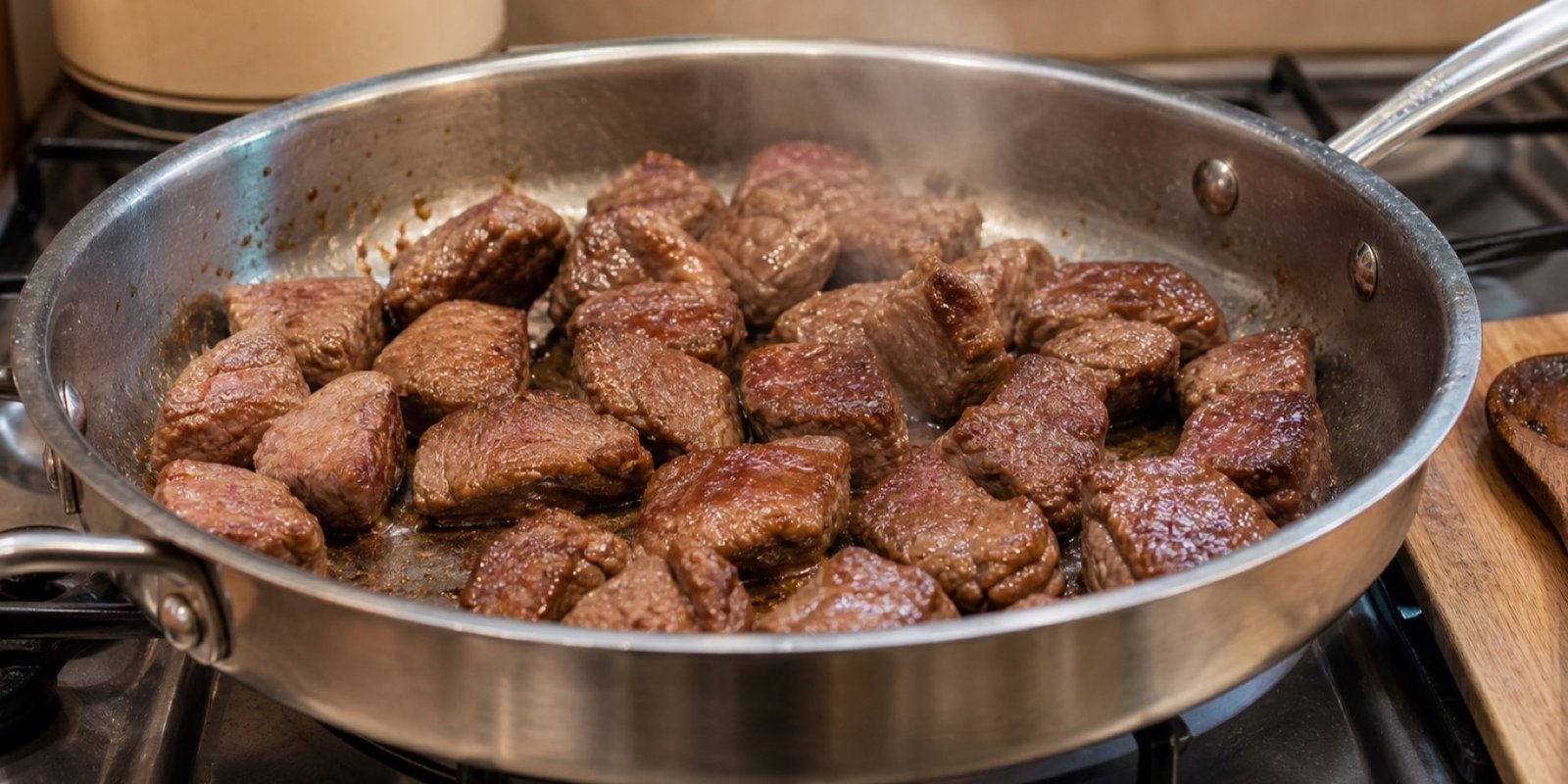 Cubos de carne bovina dourando em camada única numa frigideira larga.