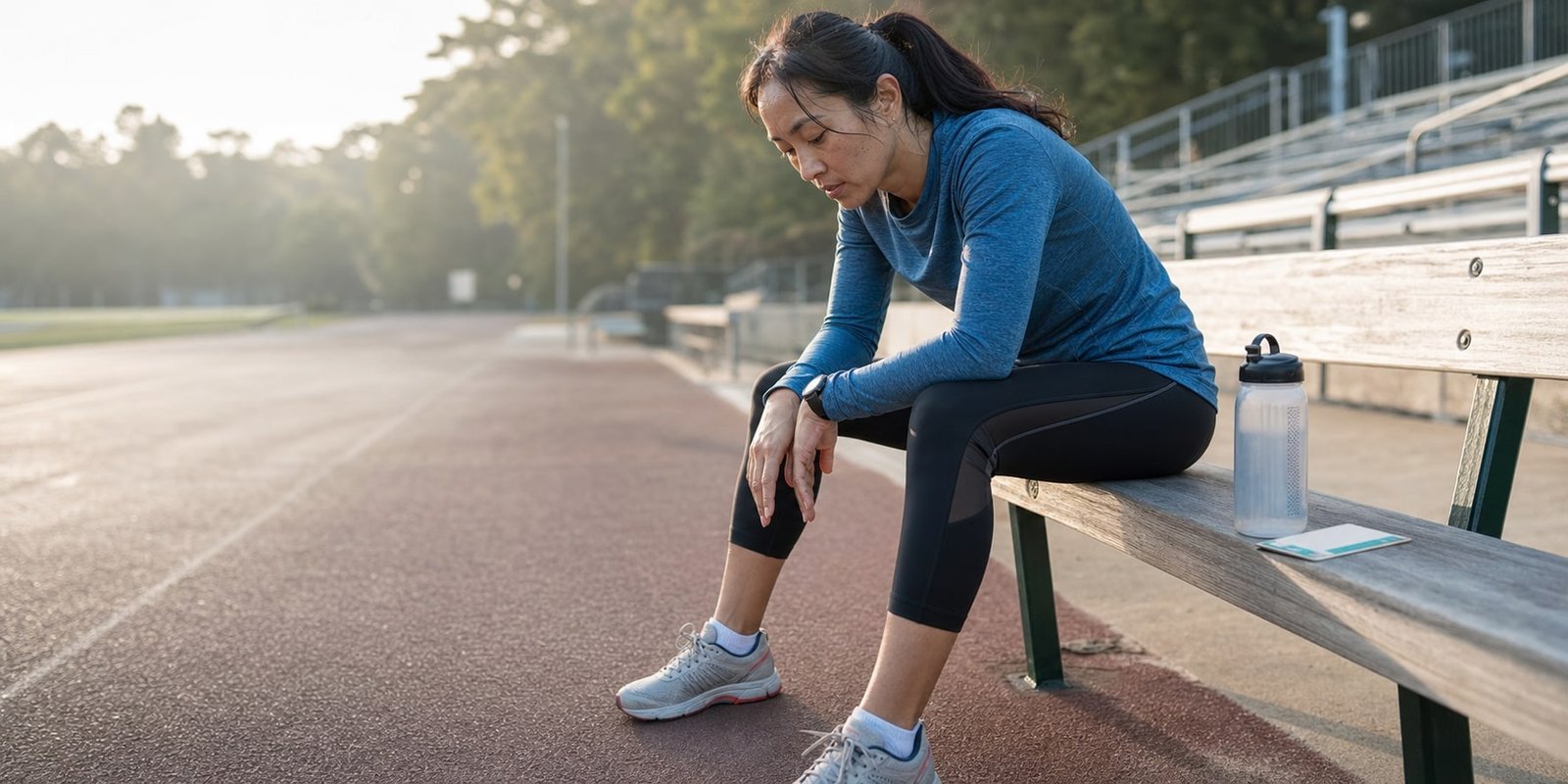 Mulher cansada sentada ao lado de uma pista de atletismo após o treino.
