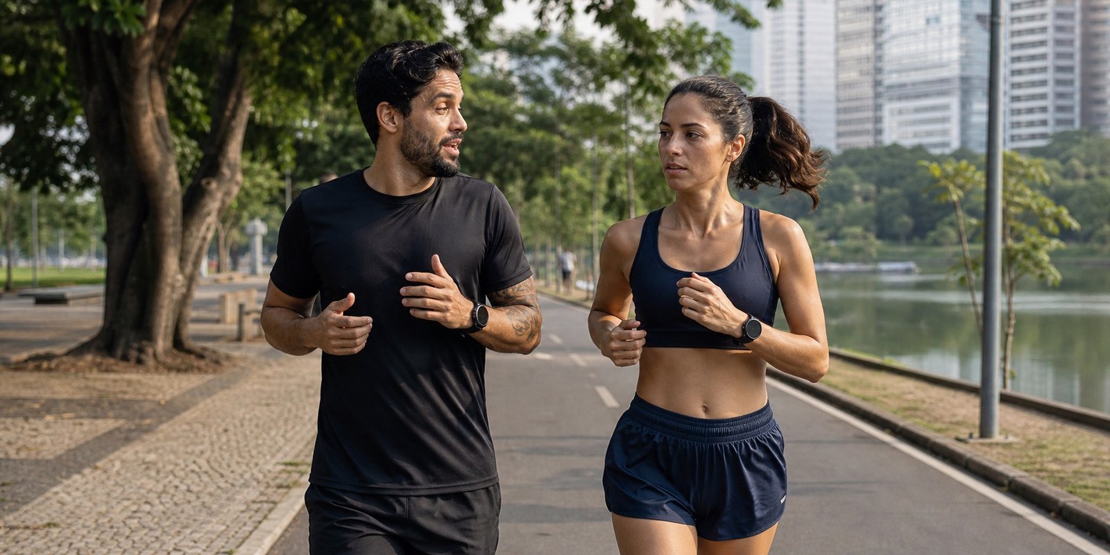 Dois corredores mantendo ritmo moderado em parque urbano enquanto conversam durante a corrida.