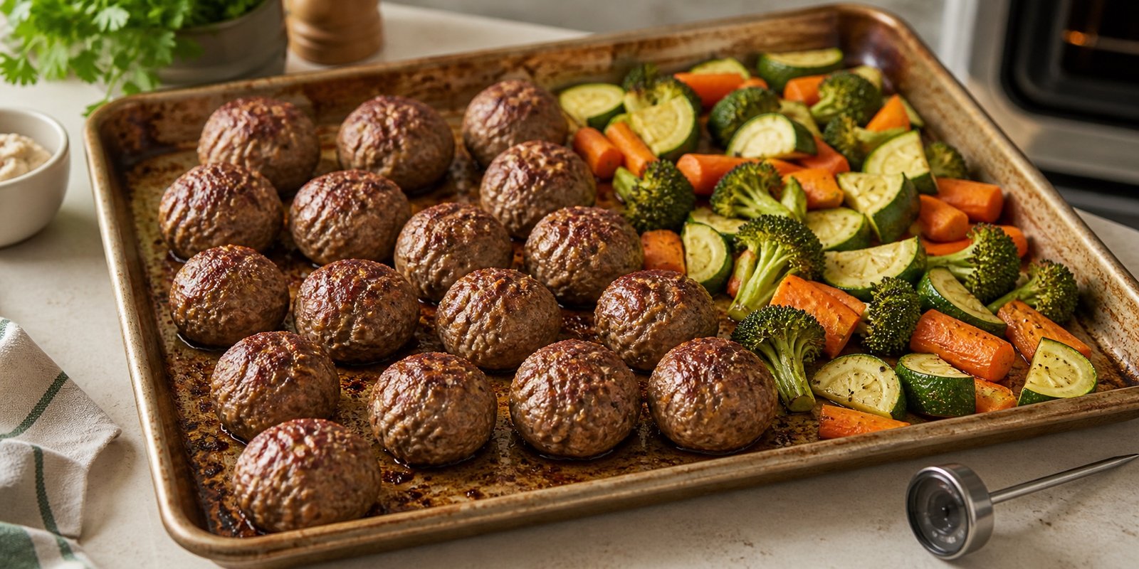 Almôndegas de patinho assadas com legumes em assadeira, prontas para montar marmitas.