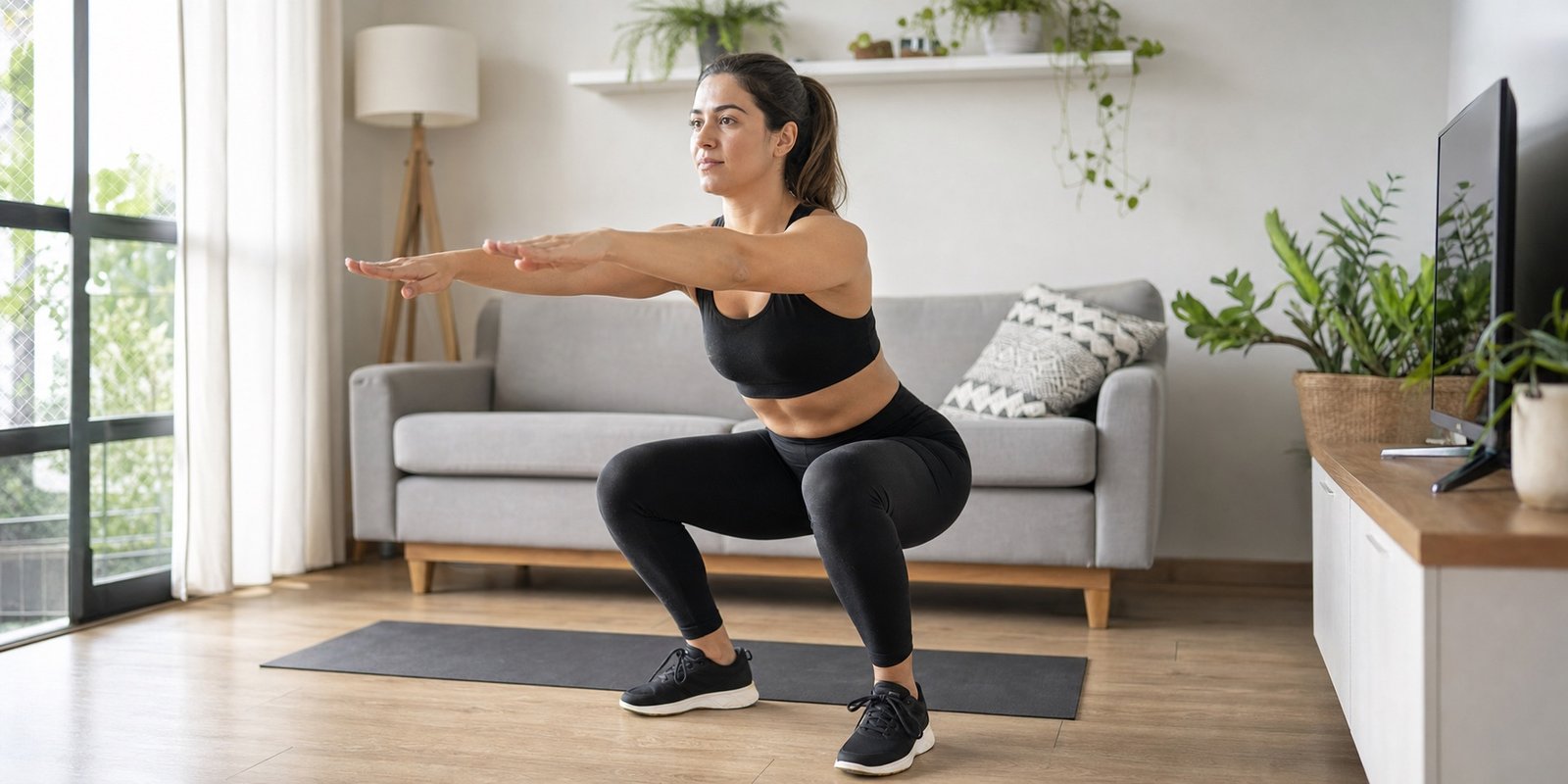 Pessoa fazendo agachamento com alcance durante treino de cardio em casa.