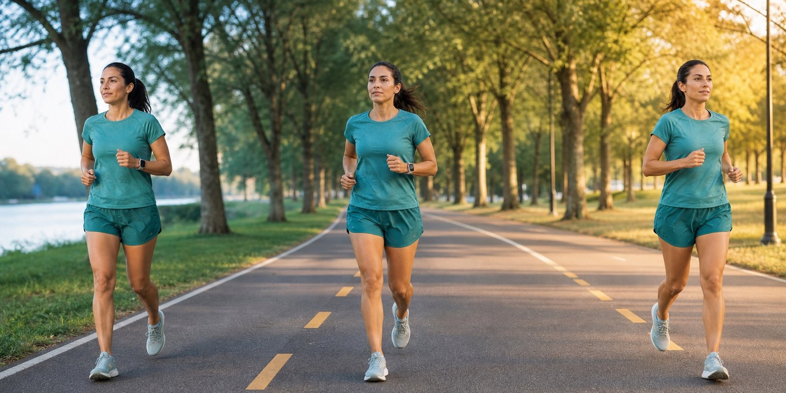 Mesma corredora em três momentos do cardio longo, do início contido ao final organizado.
