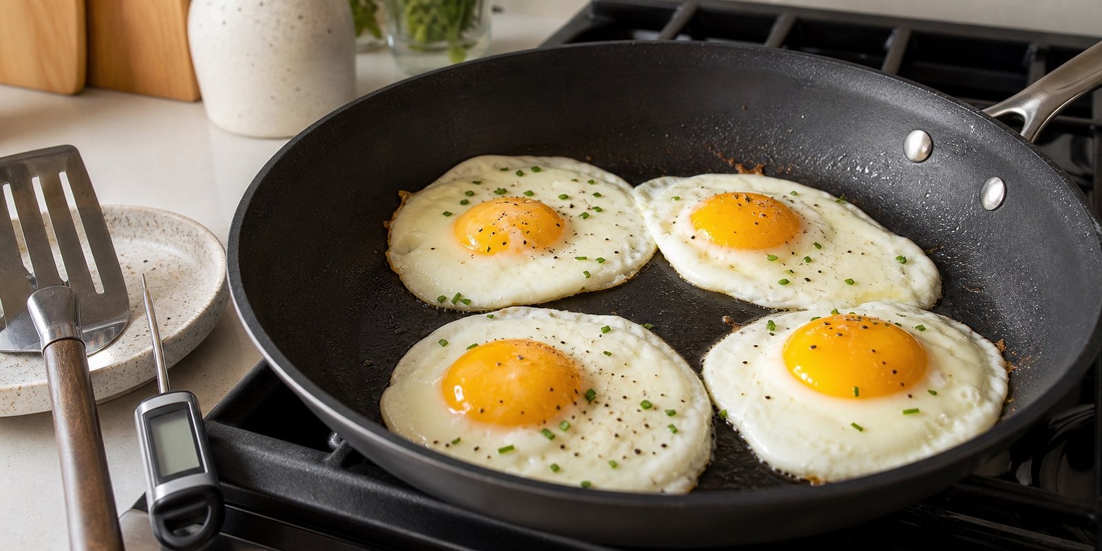 Ovos com claras firmes cozinham em frigideira ao lado de utensílios limpos e termômetro culinário.