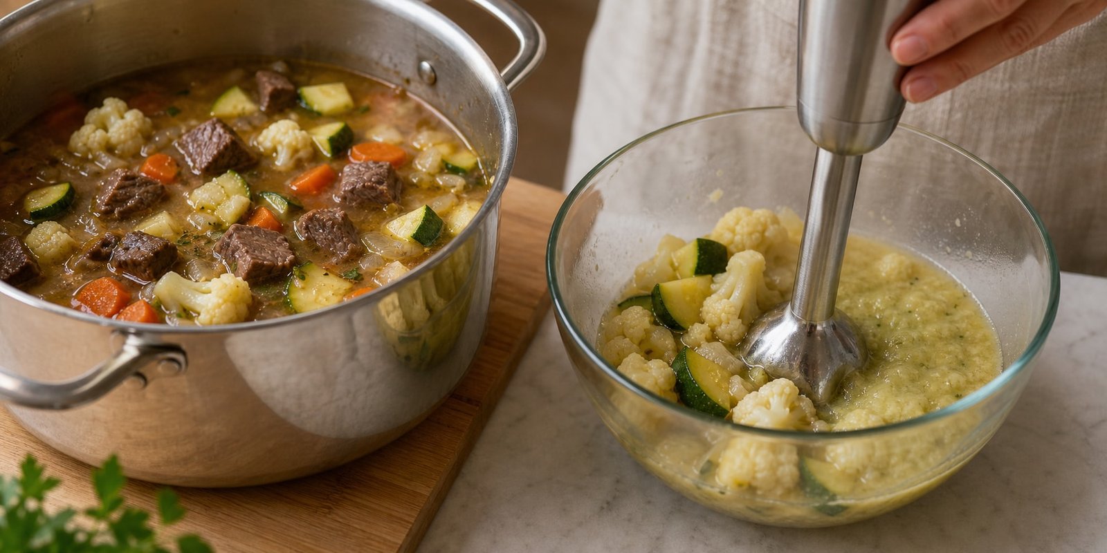 Parte da couve-flor e da abobrinha sendo batida para deixar a sopa cetogênica cremosa sem farinha.