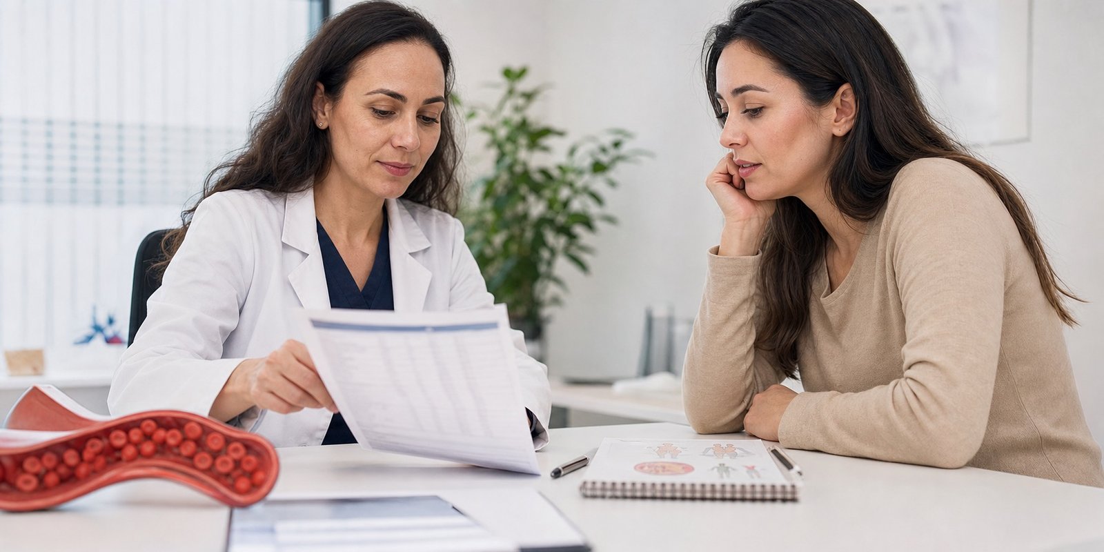 Profissional e paciente analisam exames de vitamina B12 com modelo de células do sangue e caderno.
