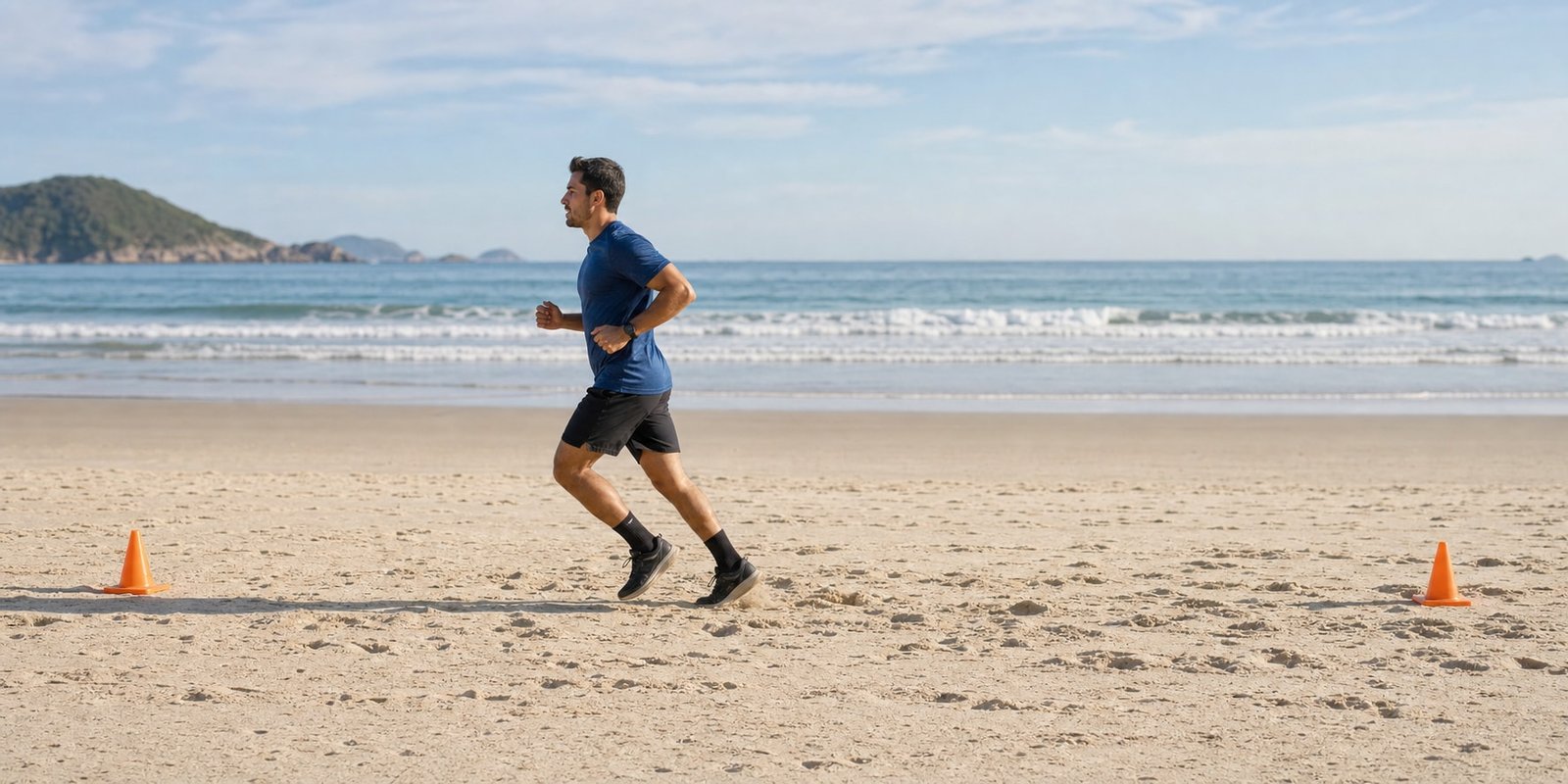Corredor faz um intervalo curto e controlado entre cones na areia fofa, sem sprint.