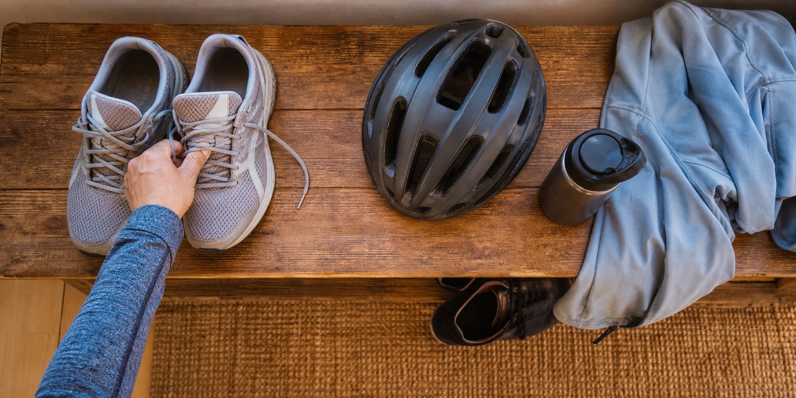 Tênis e capacete organizados para decidir modalidade, dose e contexto antes de fazer cardio para ansiedade.