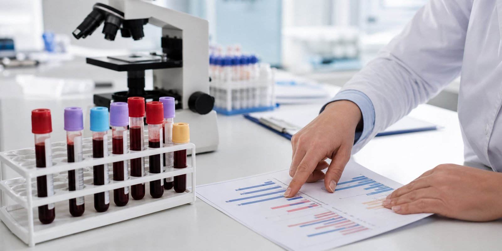 Amostras de sangue, microscópio e profissional analisando gráficos de resultados laboratoriais.