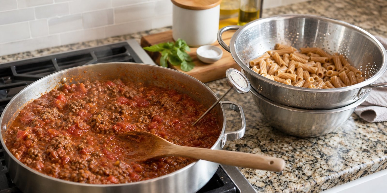 Carne moída cozinha em molho de tomate enquanto o macarrão integral firme escorre ao lado.