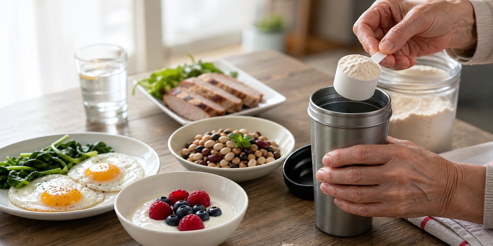 Fontes de proteína, vitamina B12 e whey organizadas para a alimentação de idosos.