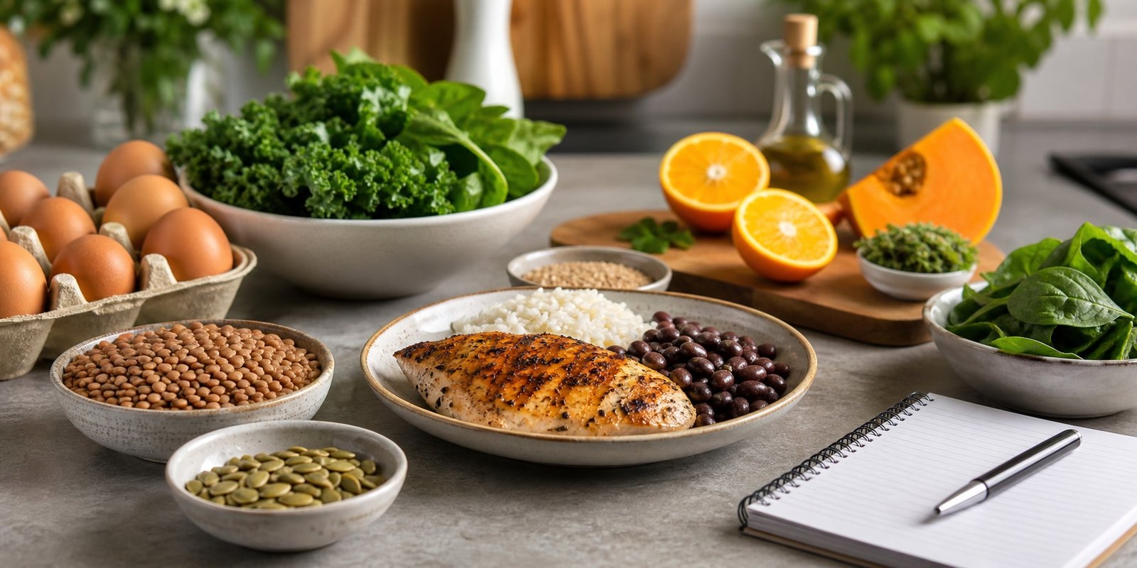 Refeição com ovos, feijão, frango, verduras e sementes para apoiar nutrição durante o jejum.