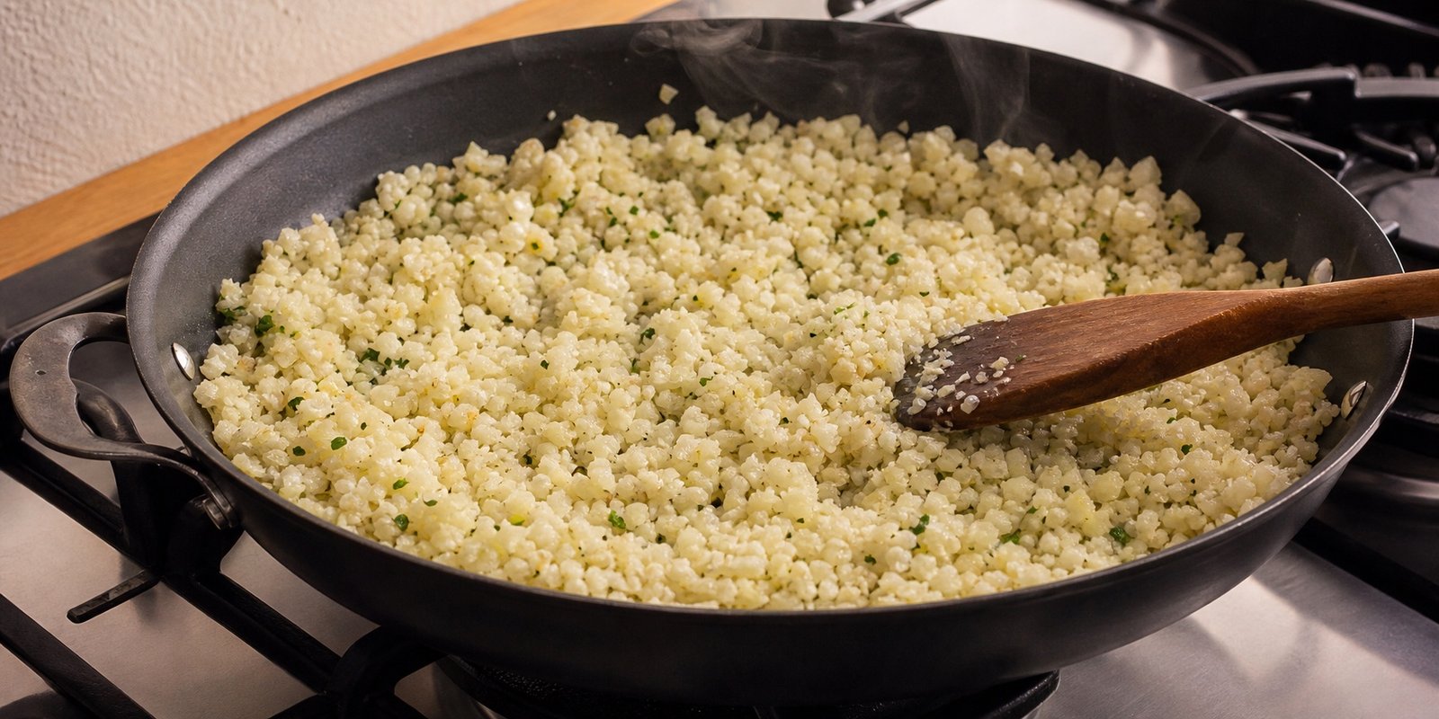 Arroz de couve-flor low carb refogando em camada fina numa frigideira larga e sem tampa.